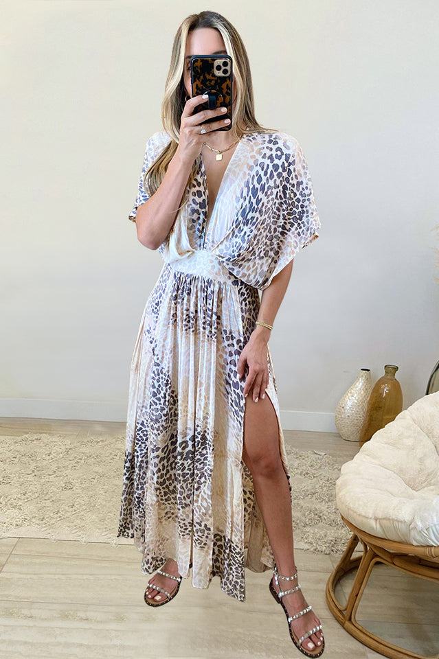 Leopard Print Deep V-Neck Short Sleeve High Split Maxi Dress