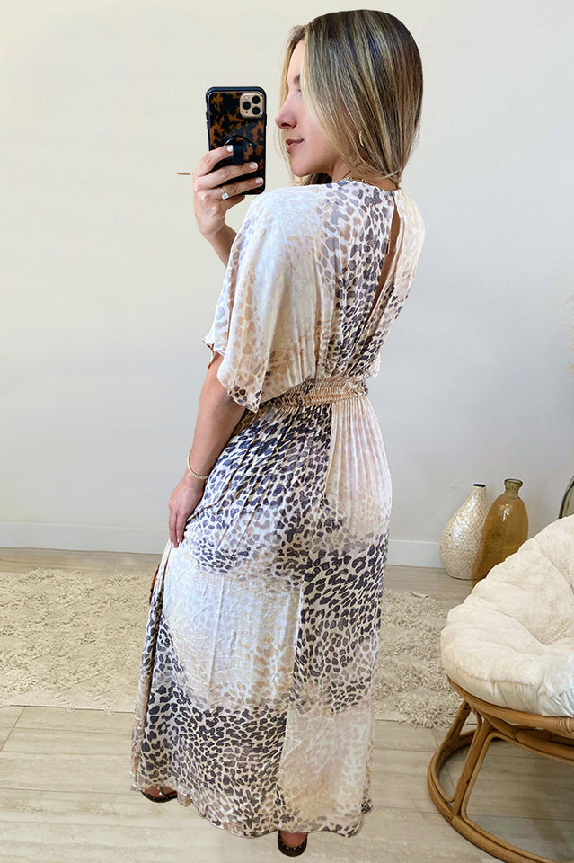 Leopard Print Deep V-Neck Short Sleeve High Split Maxi Dress 12