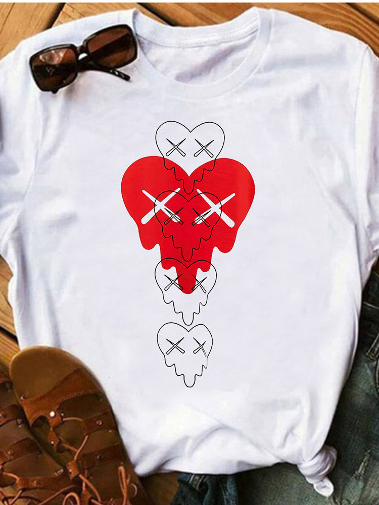 Heart Print Raglan Trendy Short Sleeve Tee