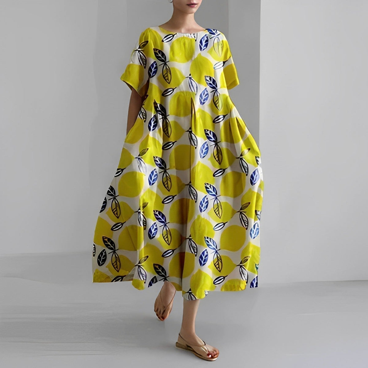 Abstract Floral Round Neck Short Sleeve Pleated Maxi Dress 3