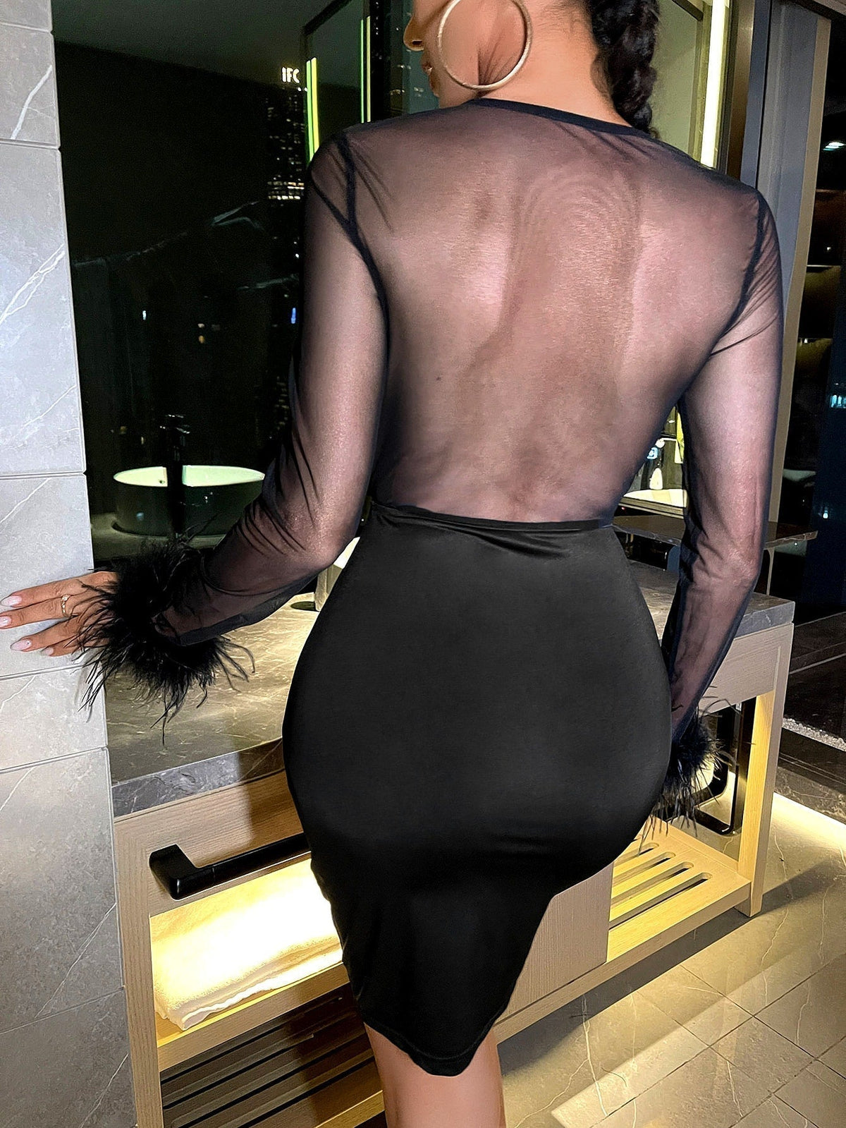 Sweetheart Long Sleeve Cut Out Feather Trim Bodycon Mini Dress - View 3