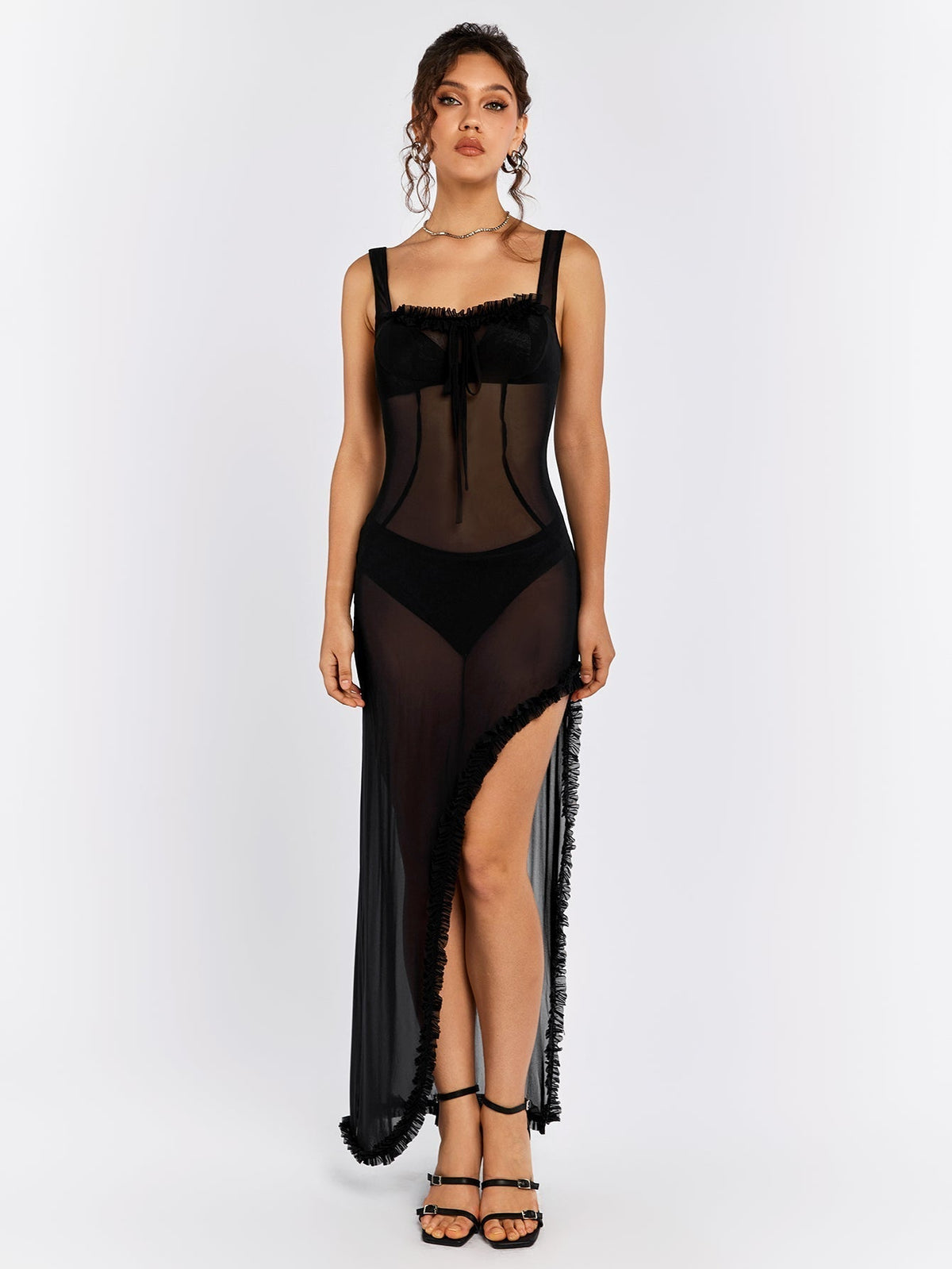 Mesh Square Neck Tie Front Corset Lace Trim High Low Maxi Dress - View 5