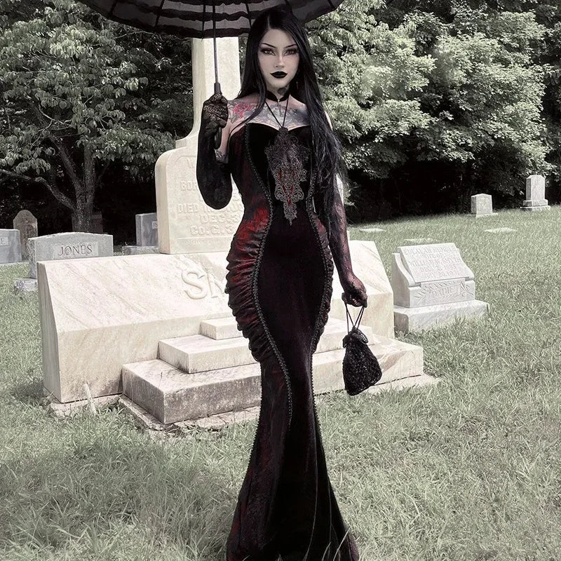 Velvet High Neck Long Sleeve Lace Applique Ruched Mermaid Maxi Gown