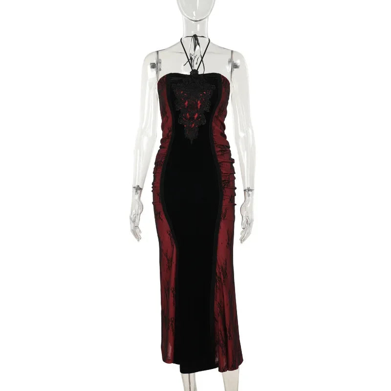 Velvet High Neck Long Sleeve Lace Applique Ruched Mermaid Maxi Gown - View 5