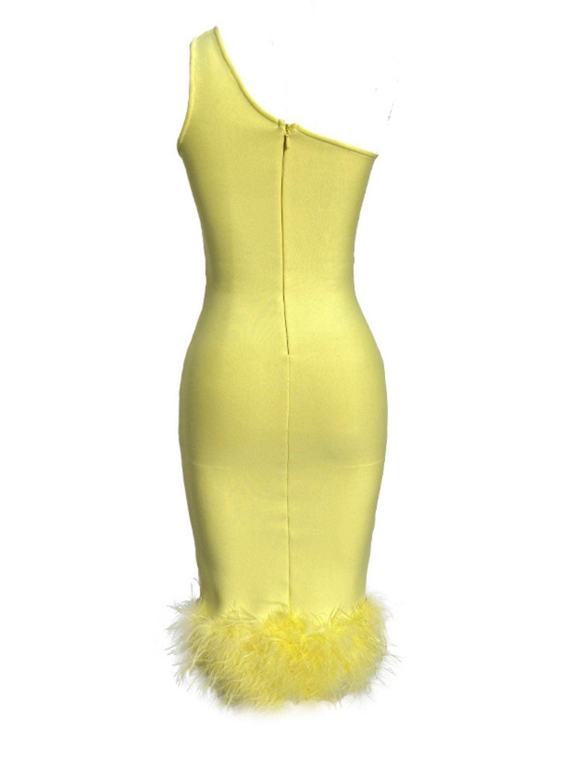 One Shoulder Cut Out Feather Hem Bandage Bodycon Midi Dress - View 7