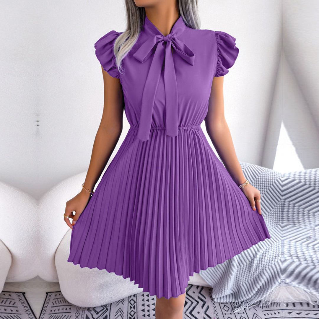 Tie Neck Ruffle Sleeve Accordion Pleated Mini Dress - View 2