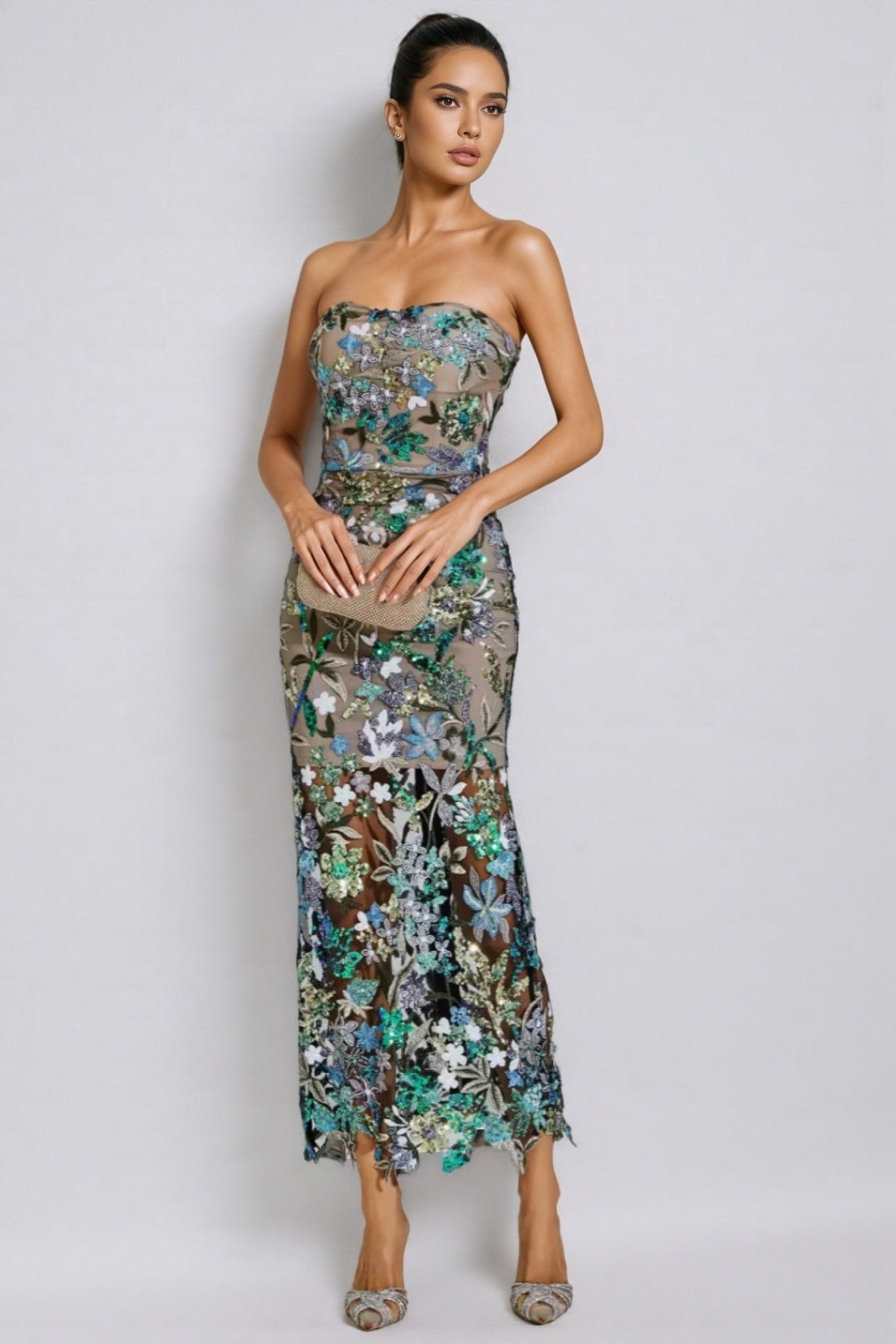 Floral Sequin Strapless Sheer Mesh Bodycon Maxi Dress - View 3