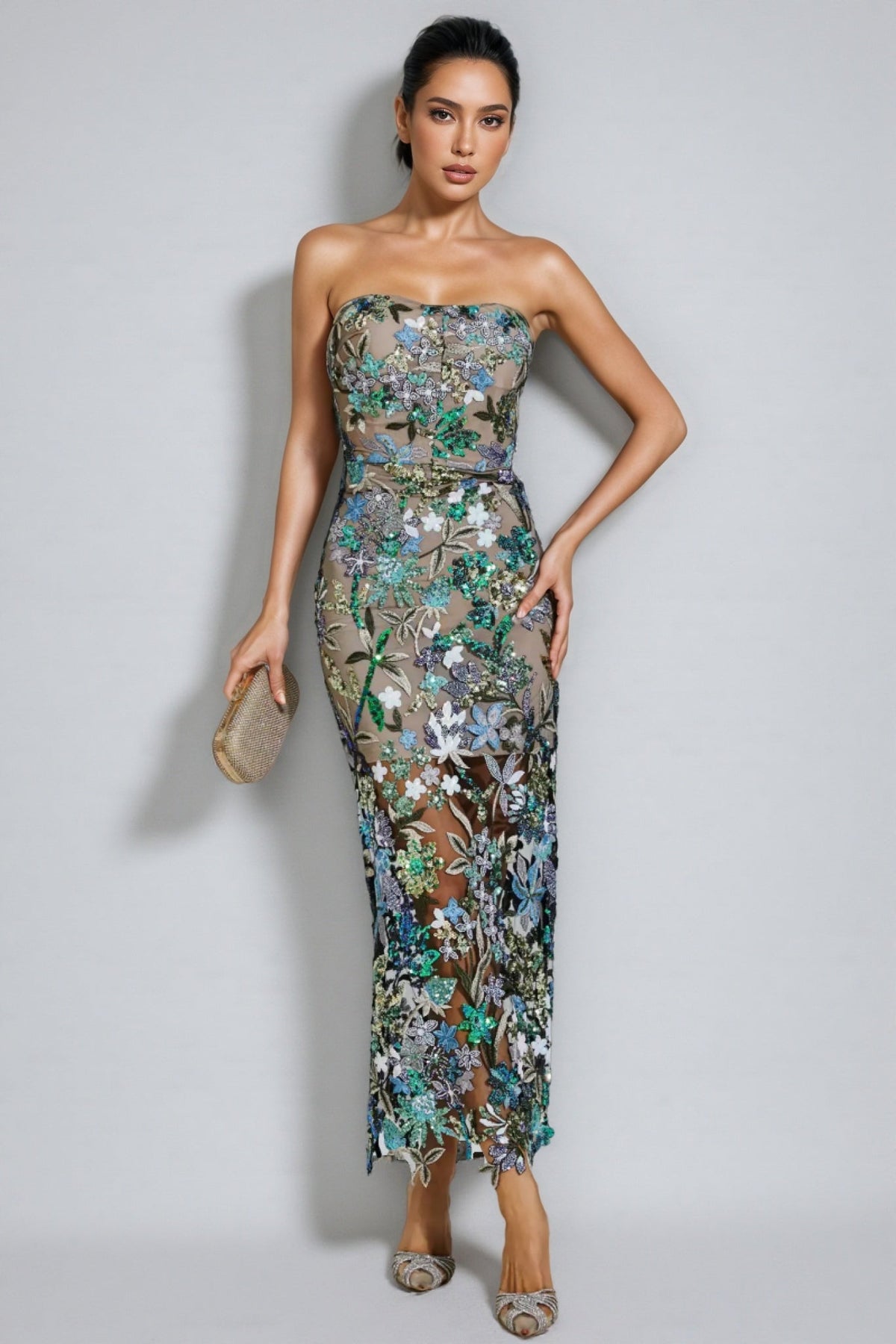 Floral Sequin Strapless Sheer Mesh Bodycon Maxi Dress