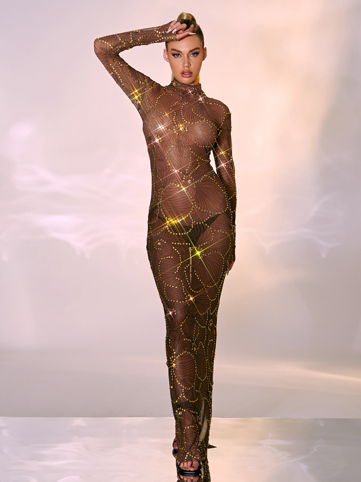 Long Sleeve Rhinestone Floral Maxi Dress