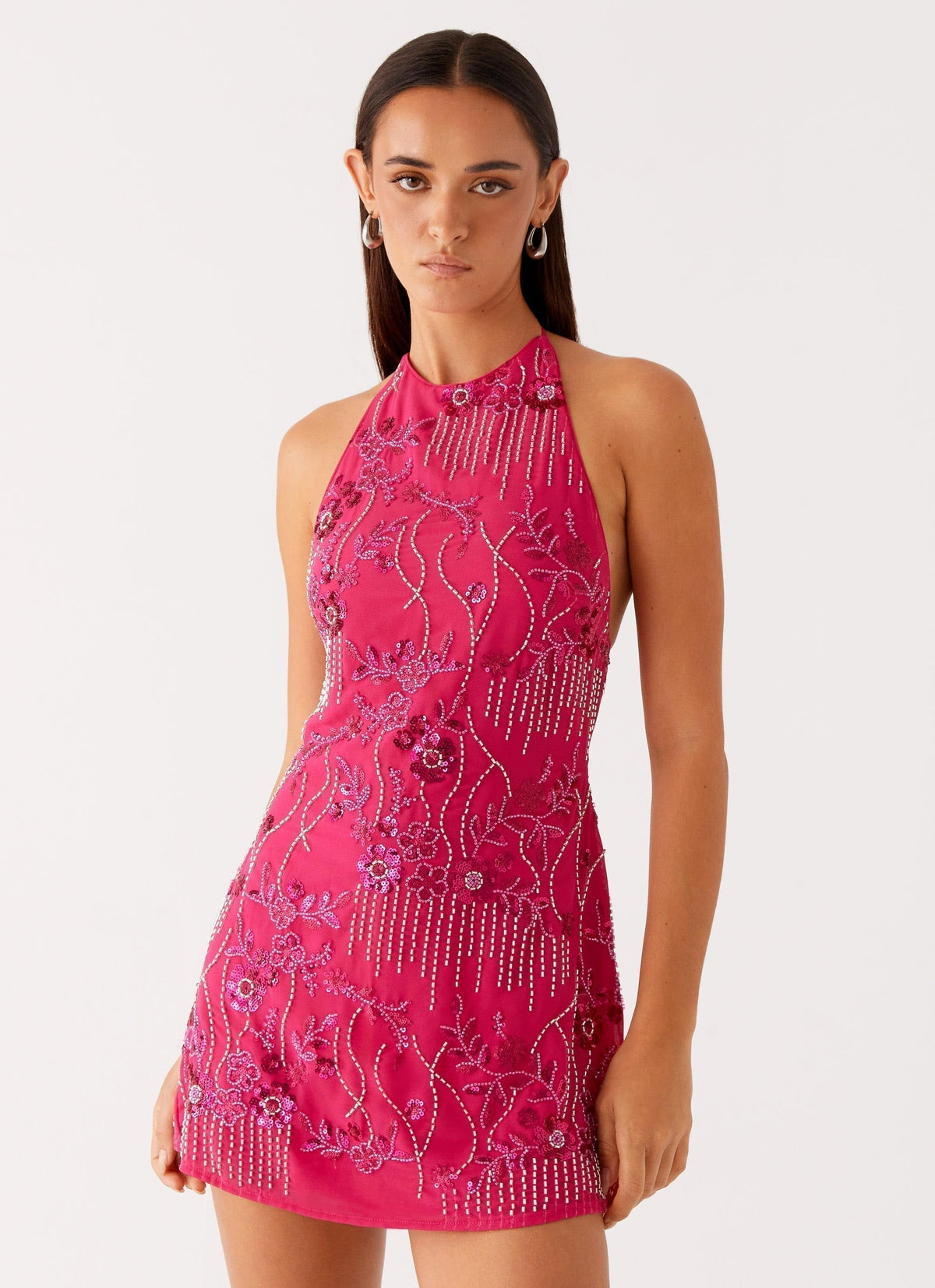 Halter Neck Floral Sequin Beaded Fringe Shift Mini Dress - View 6
