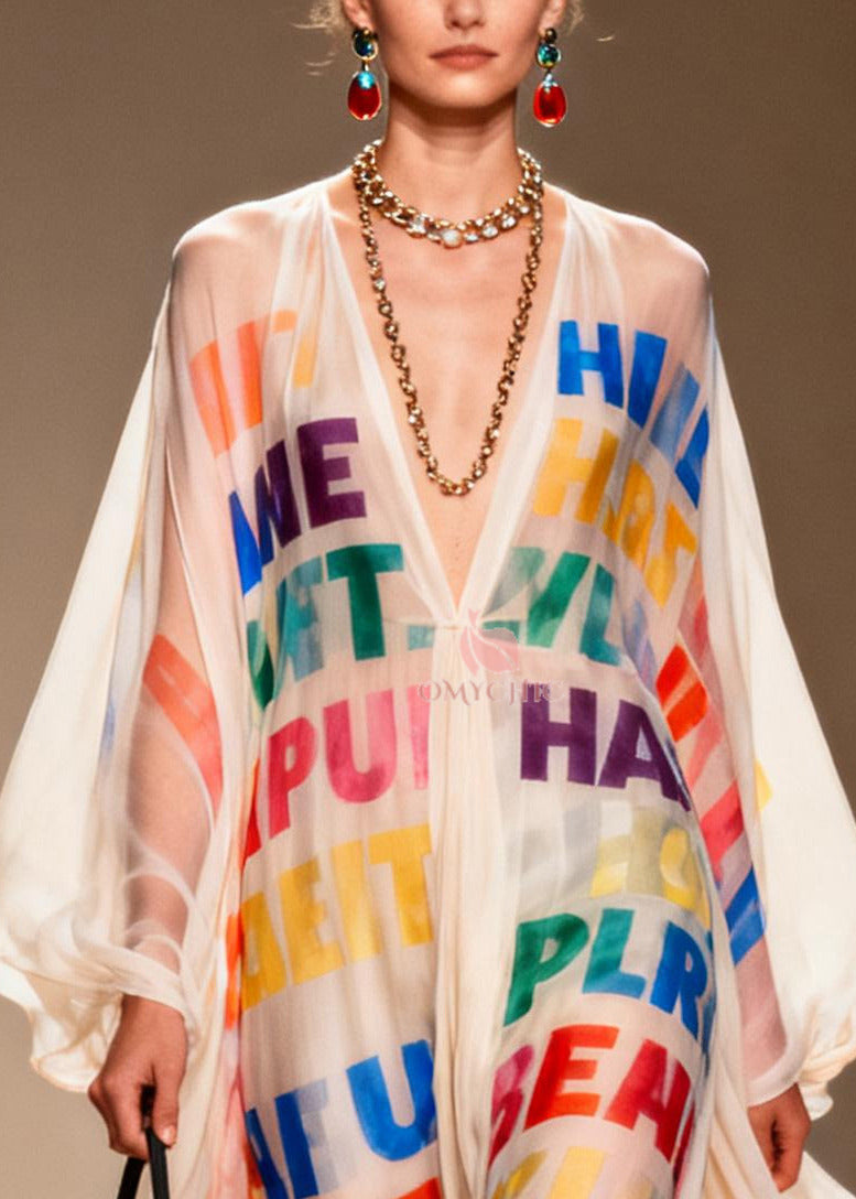 Chiffon Deep V-Neck Letter Print Sheer Balloon Sleeve Maxi Gown - View 2