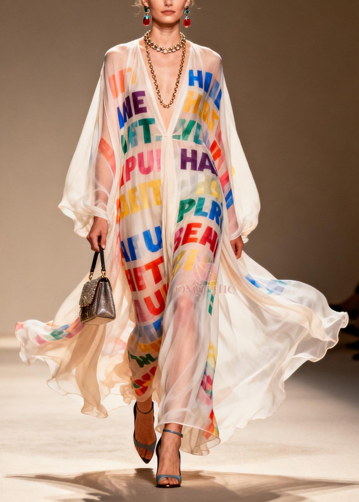 Chiffon Deep V-Neck Letter Print Sheer Balloon Sleeve Maxi Gown - View 5