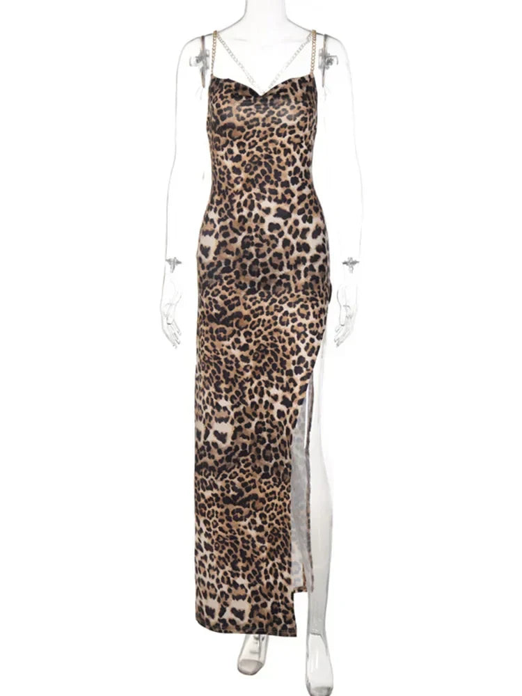 Leopard Cowl Neck Chain Strap High Split Maxi Dress - View 6