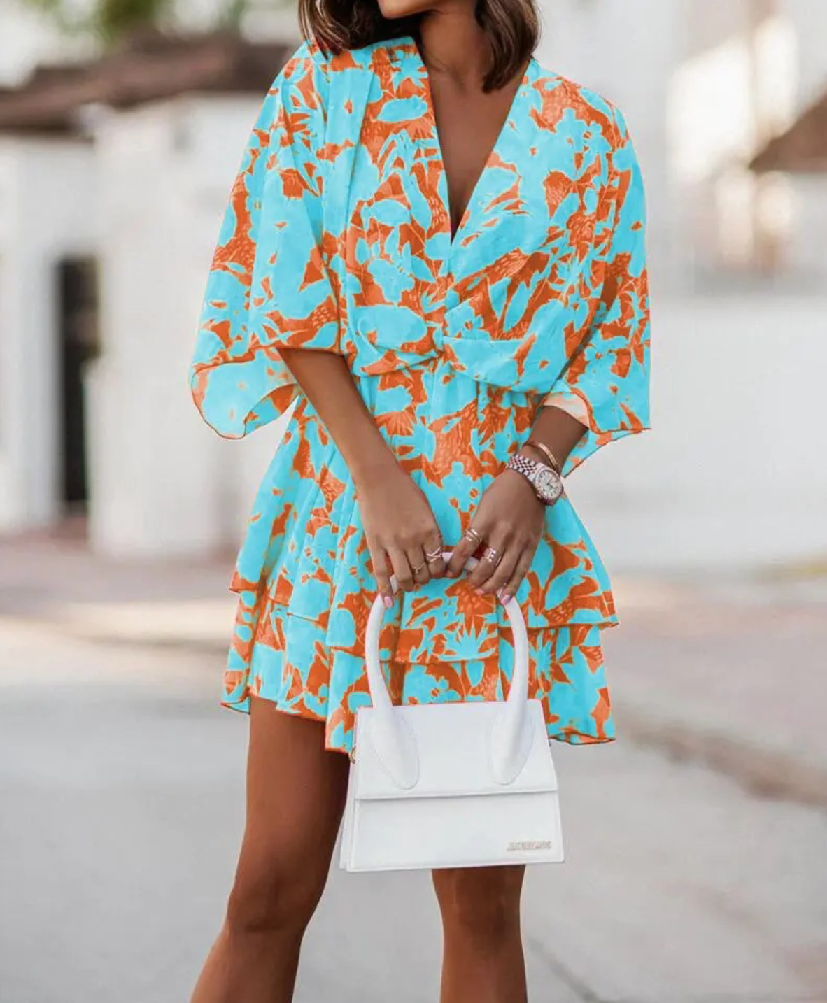 Floral Print V-Neck Kimono Sleeve Twist Front Tiered Mini Dress 9