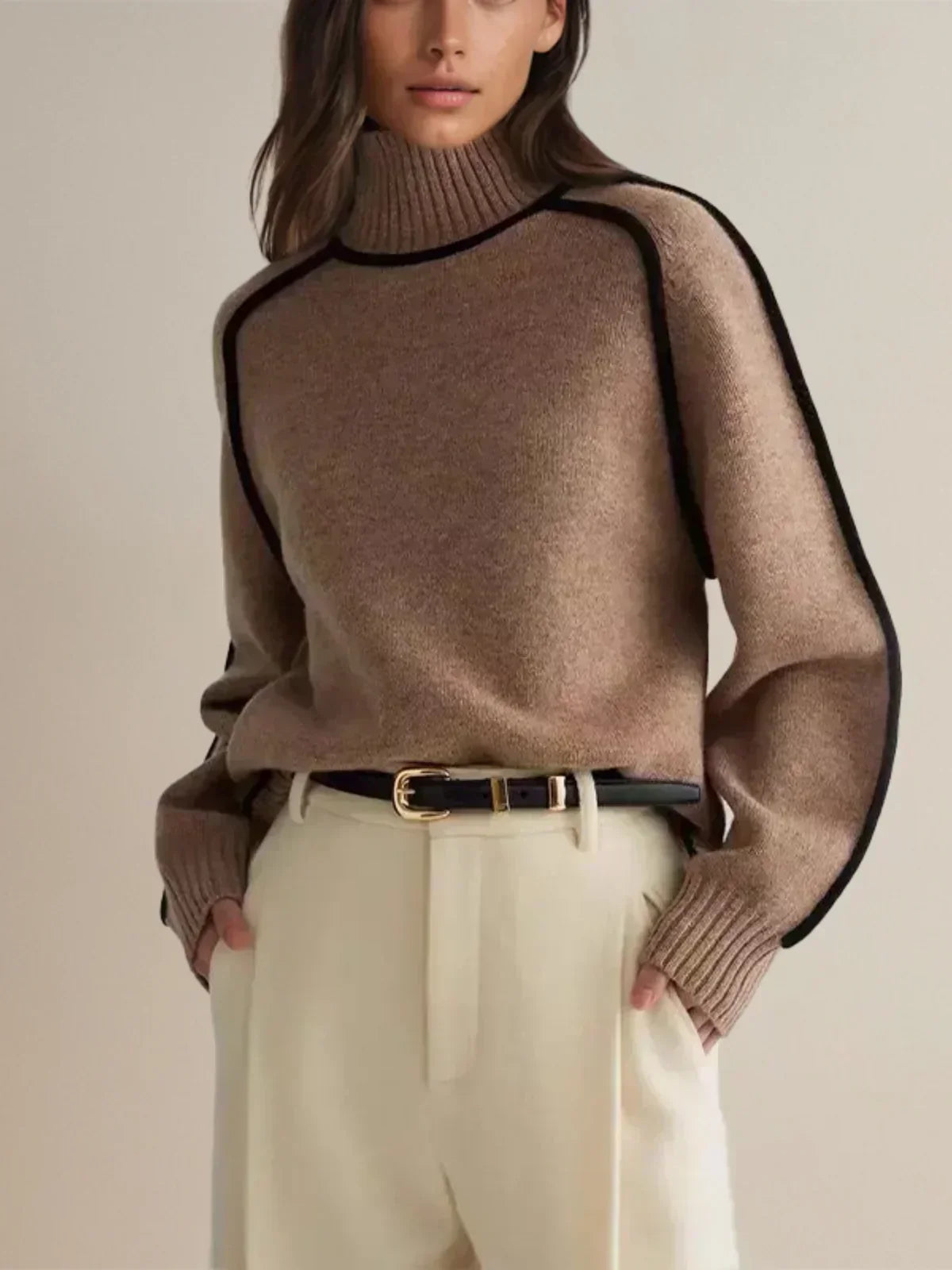 Turtleneck Contrast Piping Long Sleeve Knit Sweater