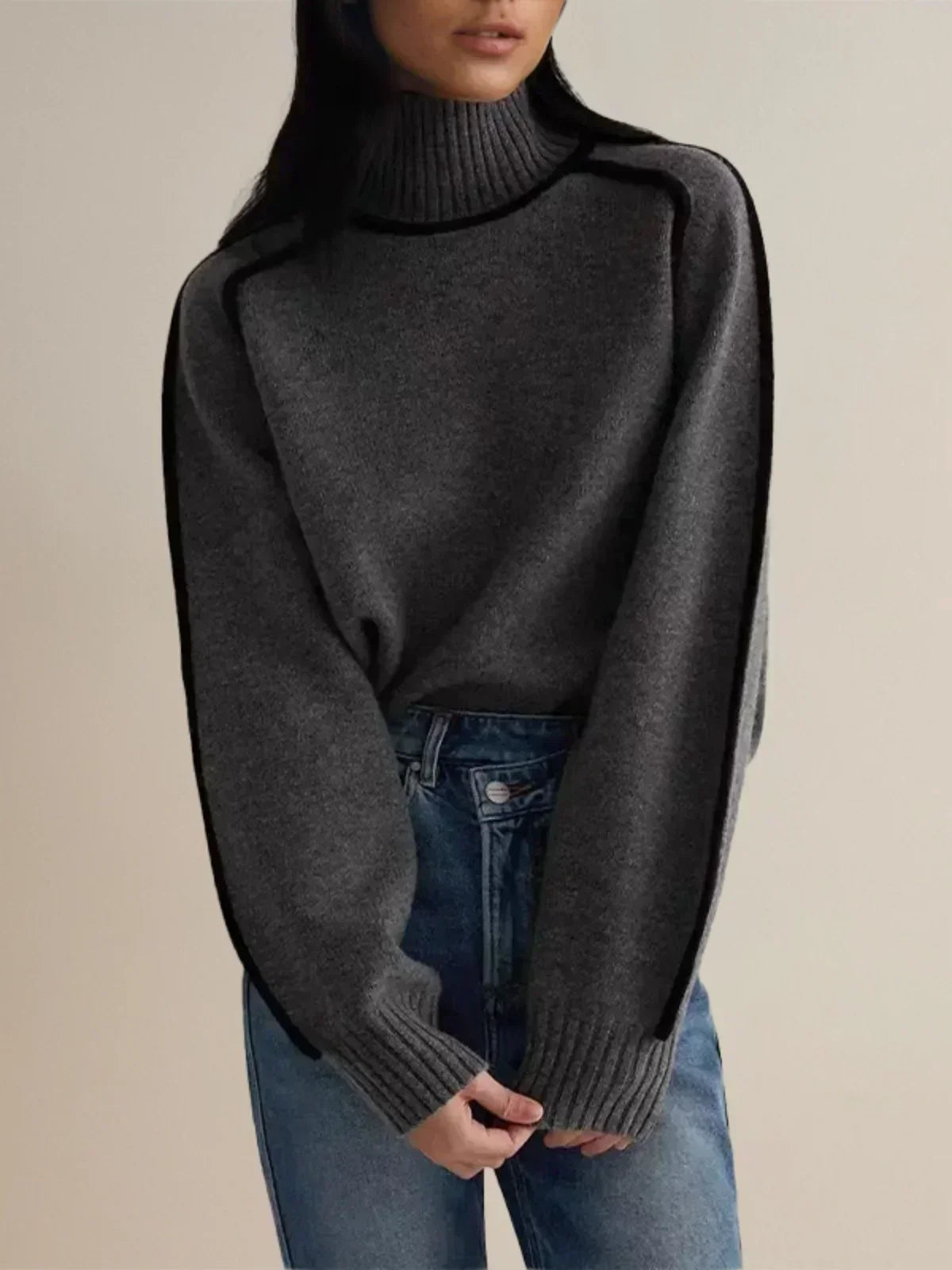 Turtleneck Contrast Piping Long Sleeve Knit Sweater 8