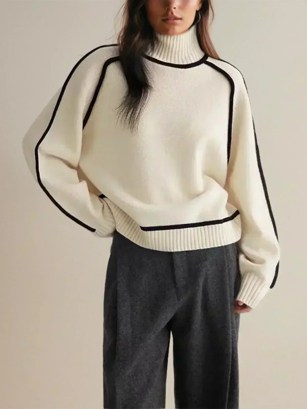 Turtleneck Contrast Piping Long Sleeve Knit Sweater 5