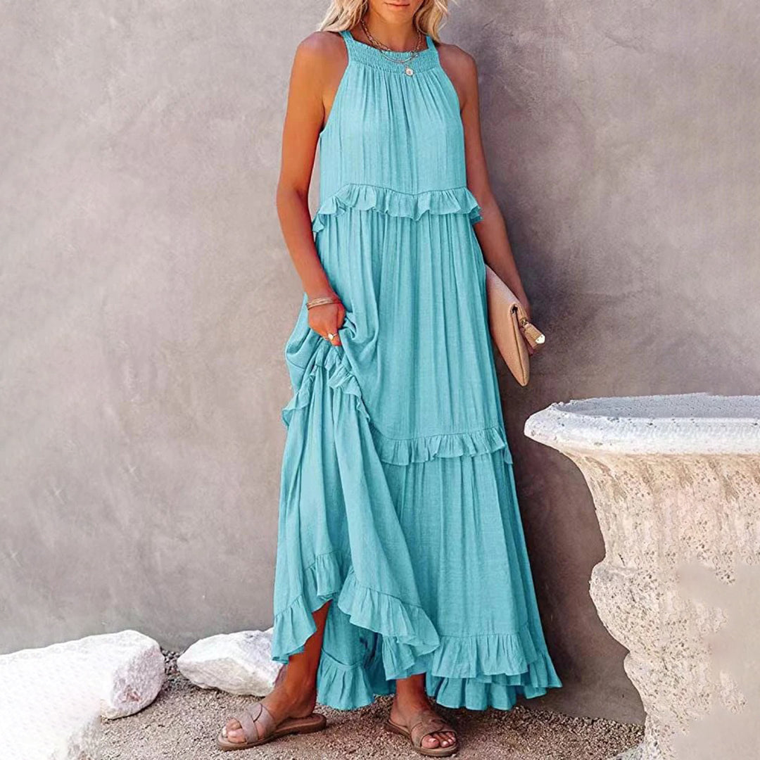 Halter Neck Shirred Tiered Ruffle Maxi Dress - View 5