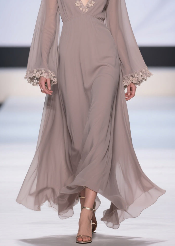 Chiffon Floral Applique Deep V-Neck Bell Sleeve Empire Waist Maxi Gown - View 4
