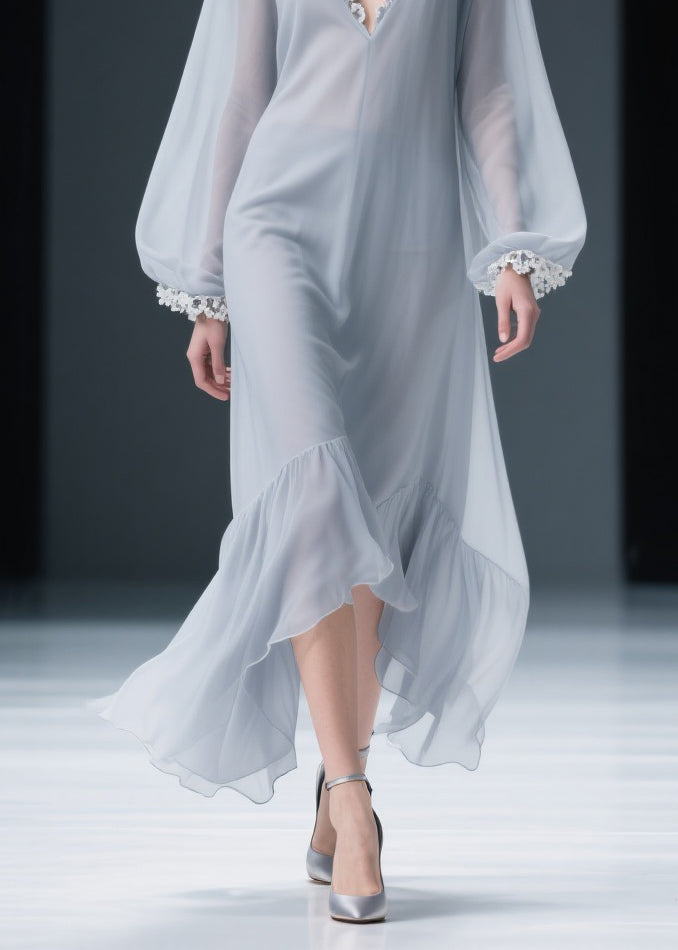 Light Grey Lace Solid Chiffon Maxi Dresses V Neck Spring - View 4