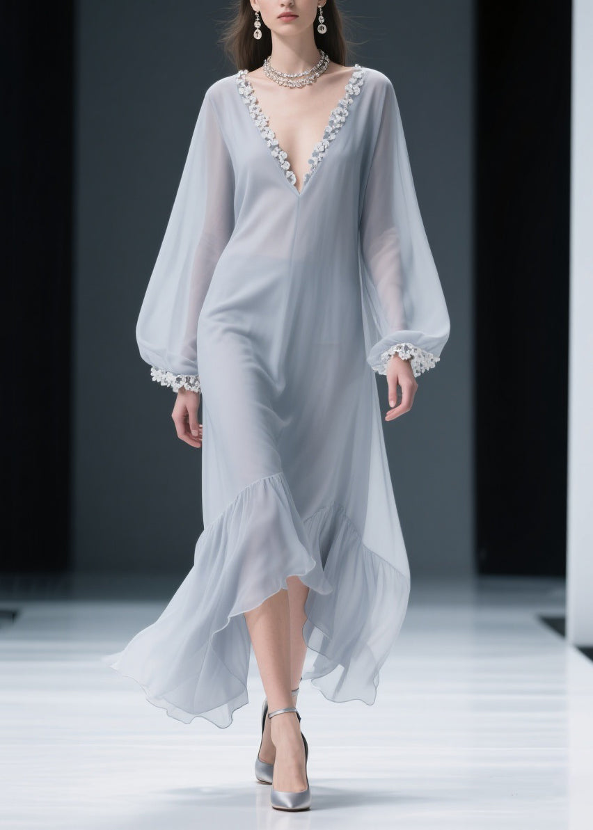 Light Grey Lace Solid Chiffon Maxi Dresses V Neck Spring - View 5