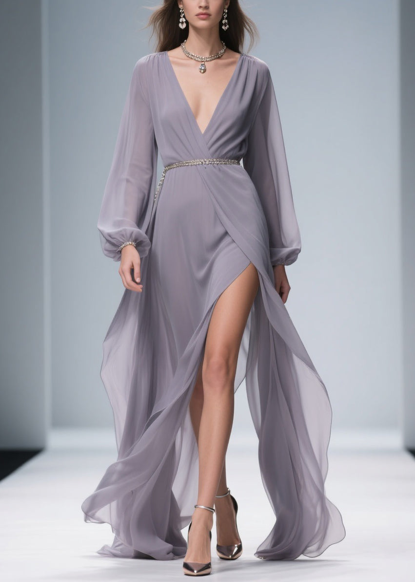 Chiffon Deep V-Neck Bishop Sleeve Metallic Belt Wrap Maxi Gown