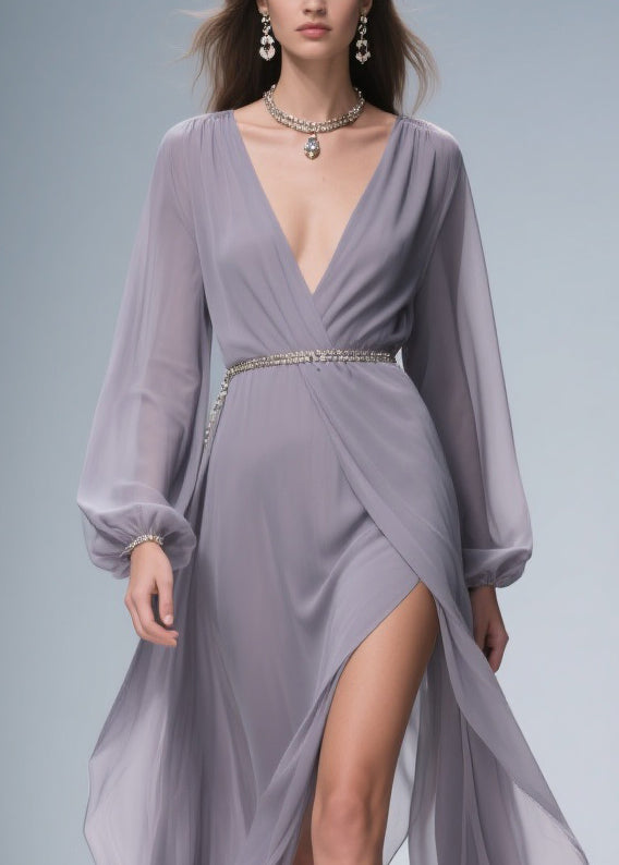 Chiffon Deep V-Neck Bishop Sleeve Metallic Belt Wrap Maxi Gown - View 2