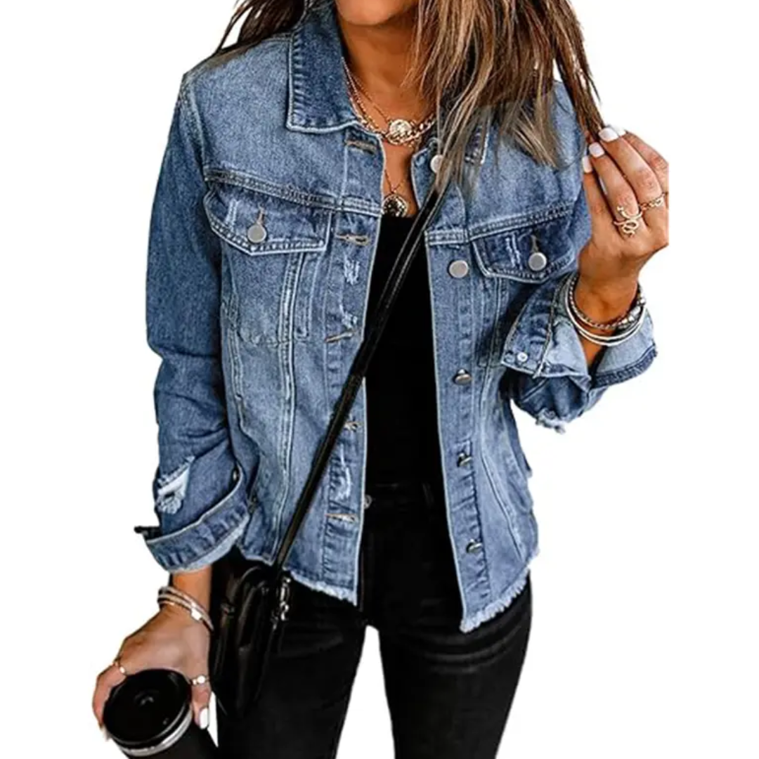 Spread Collar Button Front Distressed Raw Hem Denim Jacket 3