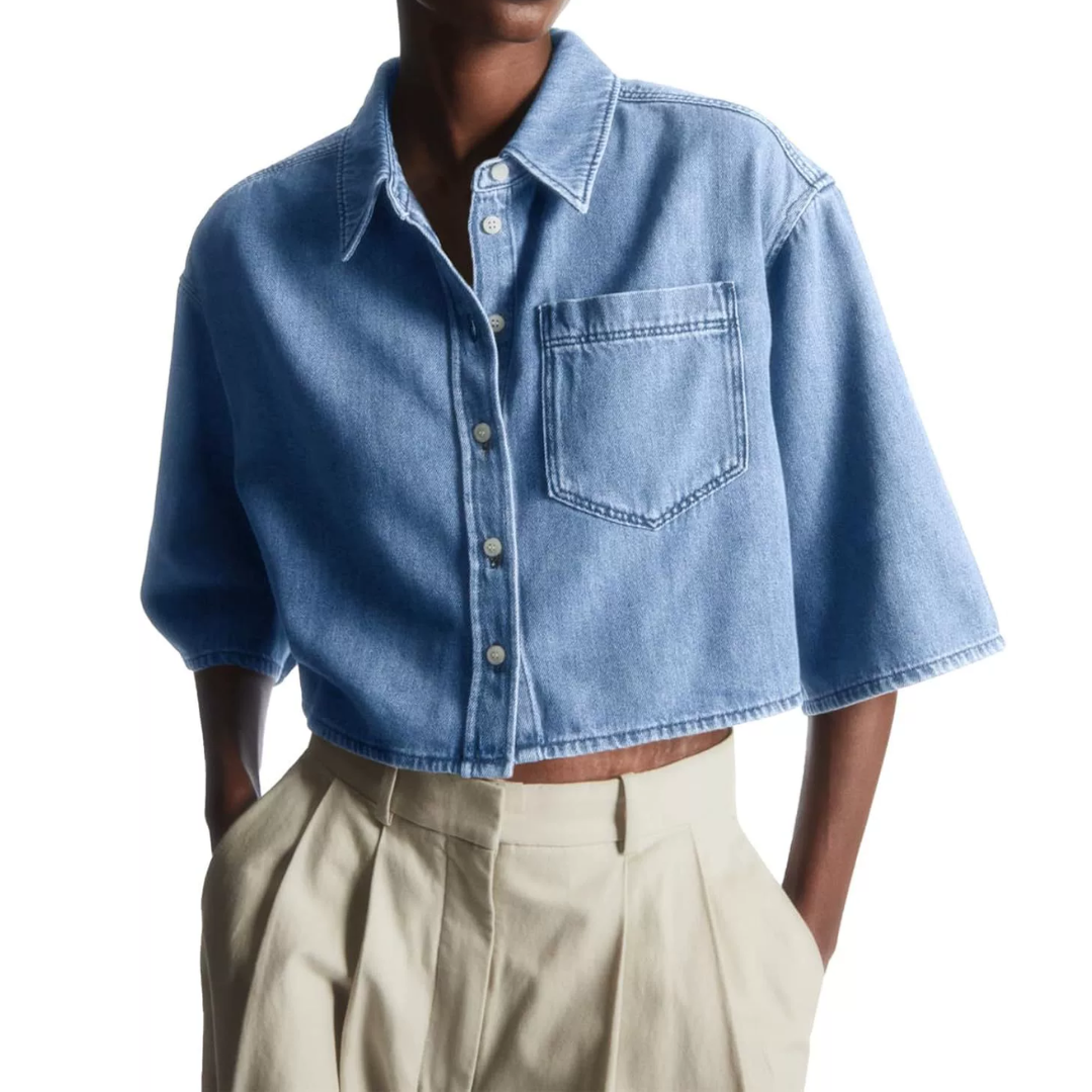 Cropped Short Sleeve Chest Pocket Denim Shirt 3