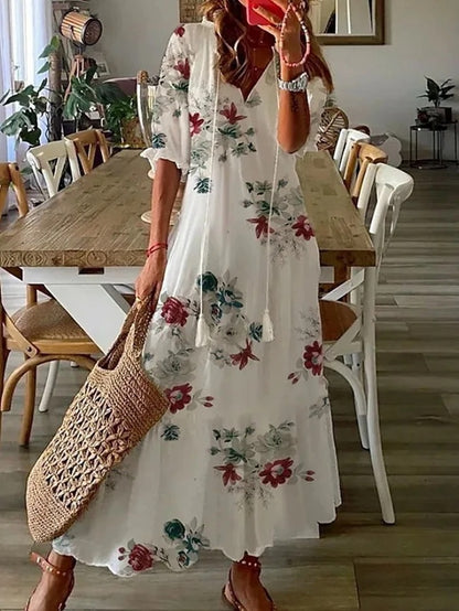 Geometric Print V-Neck Puff Sleeve Tiered Maxi Dress 6