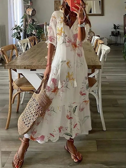 Geometric Print V-Neck Puff Sleeve Tiered Maxi Dress 16