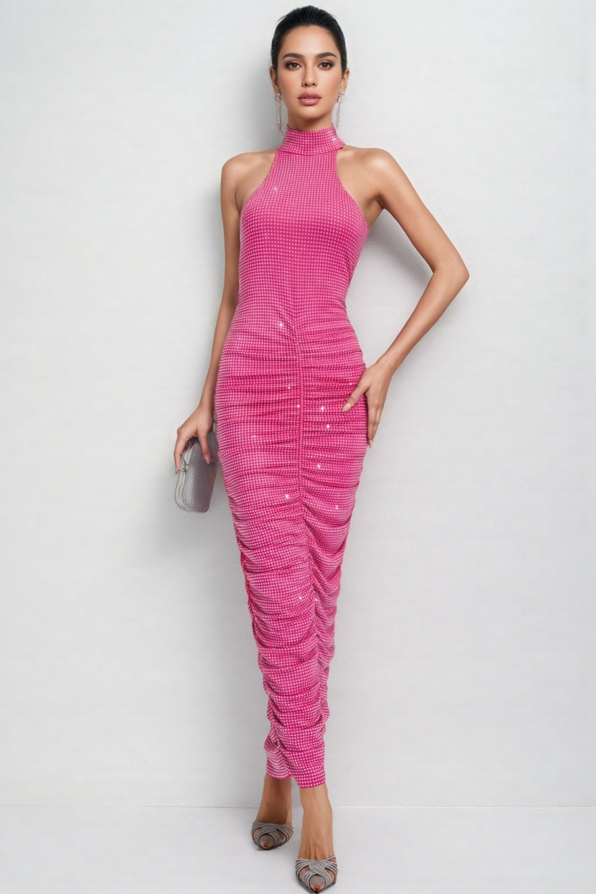 Rhinestone Grid Mock Neck Halter Ruched Seam Bodycon Maxi Gown