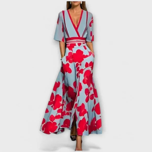 Floral Print Deep V-Neck Wrap Top and Maxi Skirt Two Piece Set