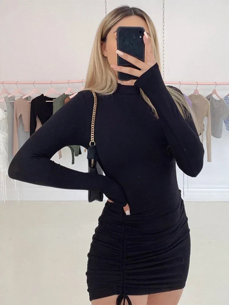 Long Sleeve Ruched Turtleneck Bandage Autumn Black Stretchy Midi Dresses - View 5
