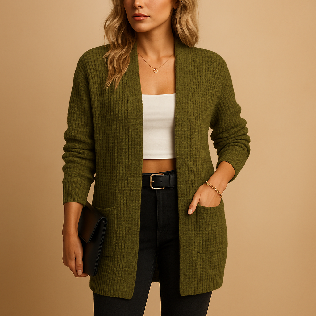 Waffle Knit Open Front Pocket Cardigan 2