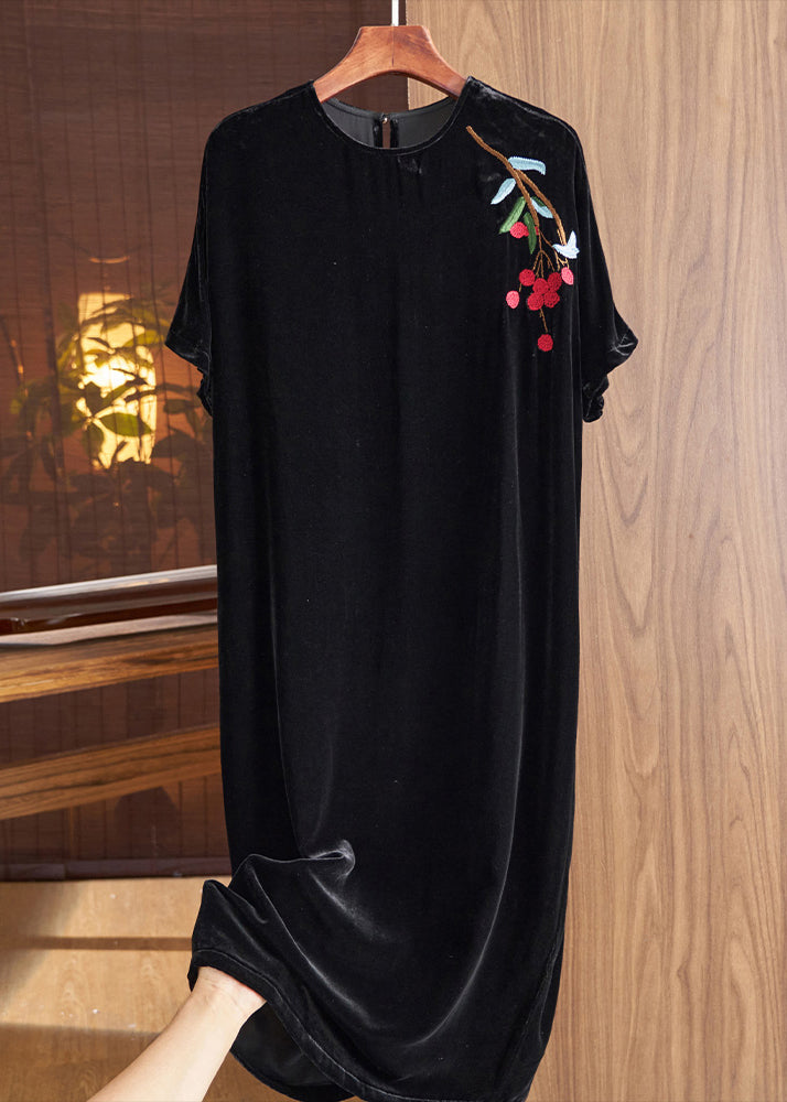 Velvet Floral Branch Embroidery Round Neck Shift Midi Dress