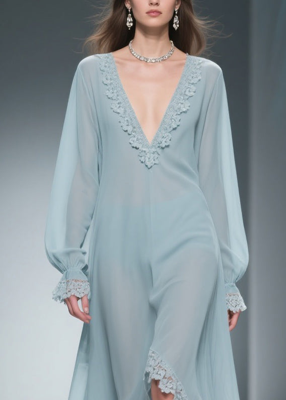 Chiffon Deep V-Neck Bishop Sleeve Lace Trim Sheer High Low Maxi Gown - View 2
