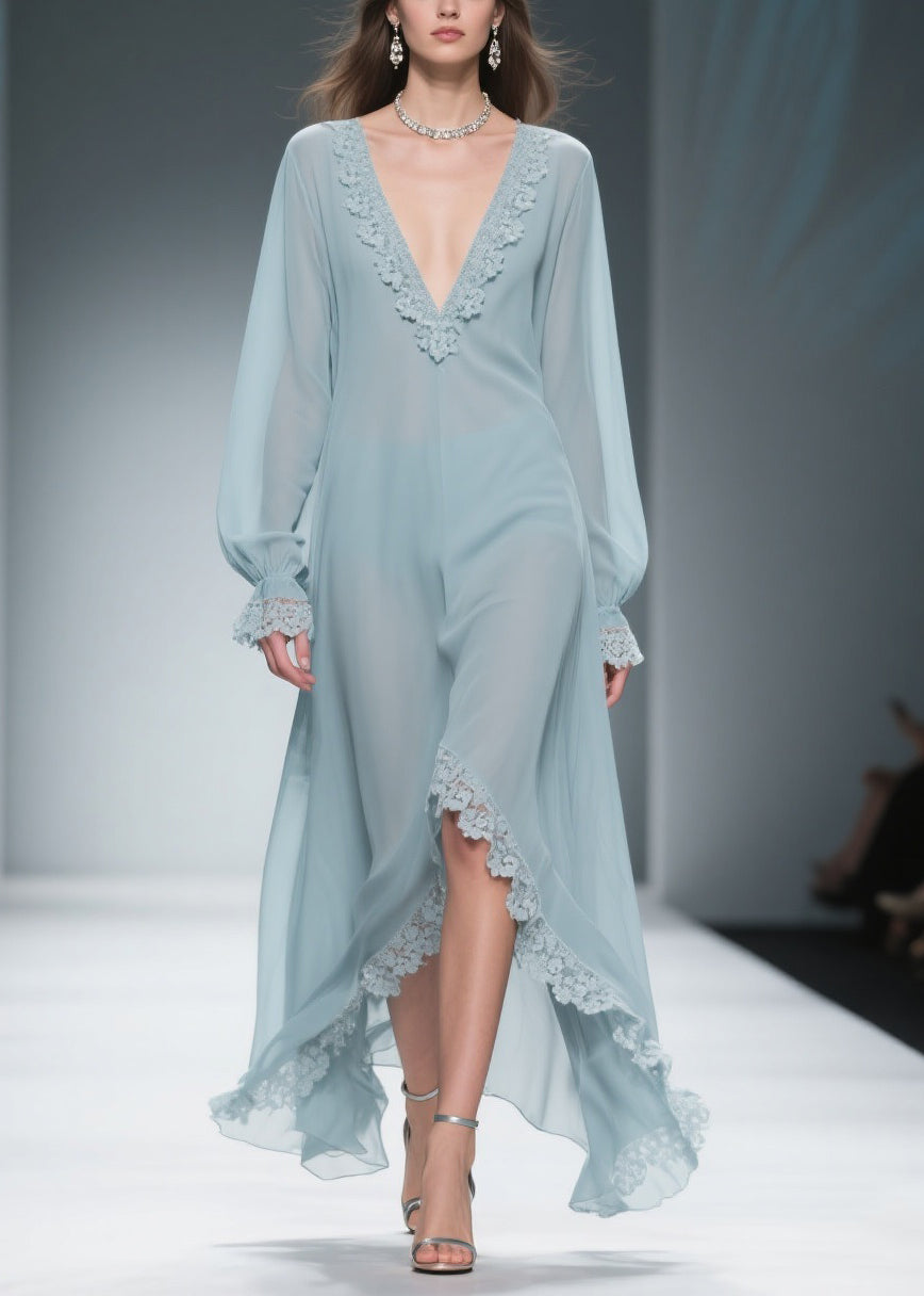 Chiffon Deep V-Neck Bishop Sleeve Lace Trim Sheer High Low Maxi Gown - View 5