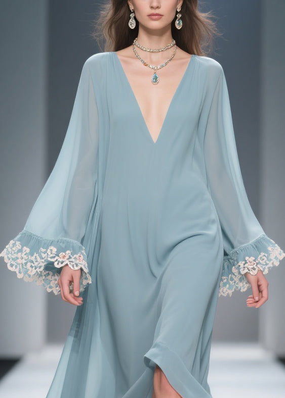 Loose Blue V Neck Solid Chiffon Maxi Dresses Flare Sleeve - View 2