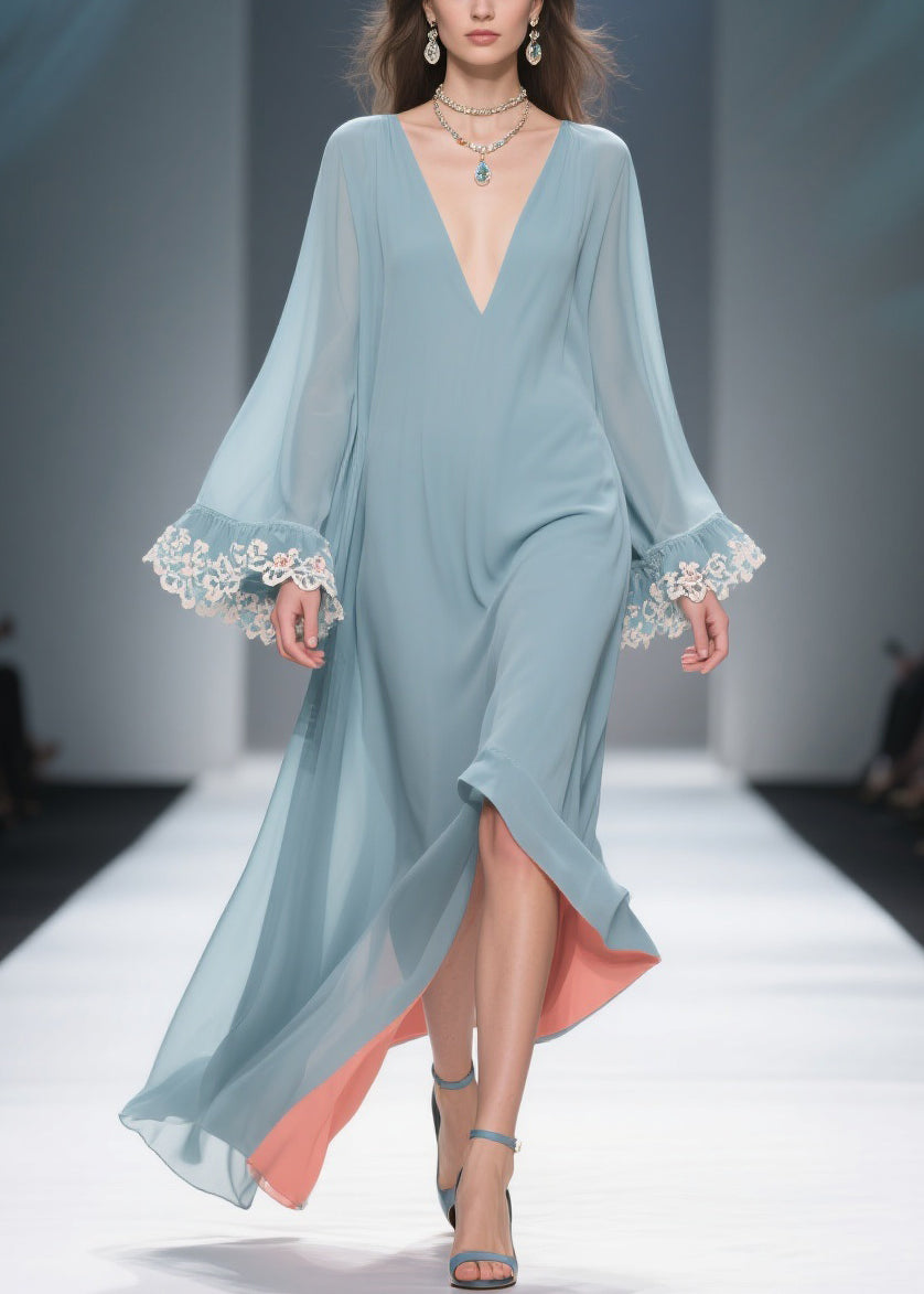 Loose Blue V Neck Solid Chiffon Maxi Dresses Flare Sleeve - View 5