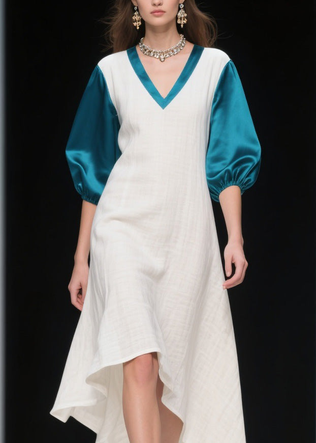 Deep V-Neck Puff Sleeve Satin Trim Relaxed A-Line Midi Dress - View 2