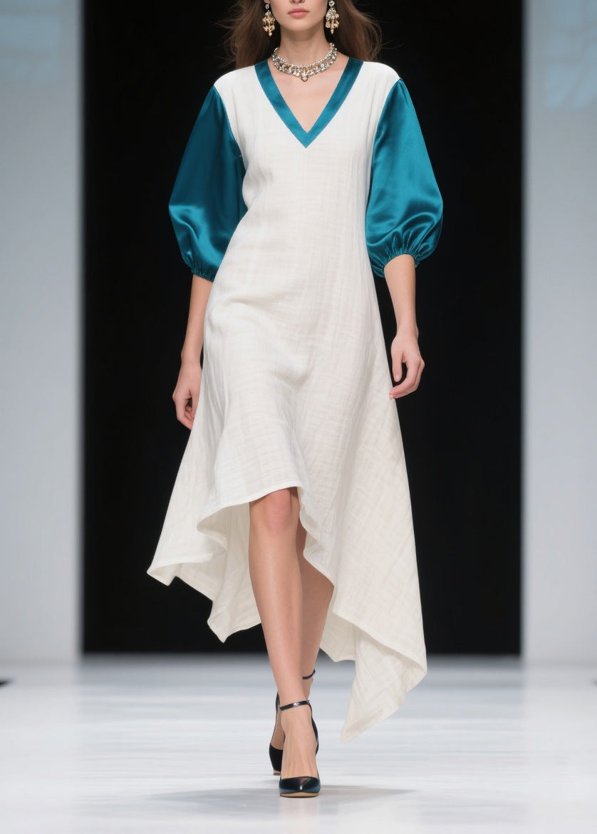 Deep V-Neck Puff Sleeve Satin Trim Relaxed A-Line Midi Dress - View 5
