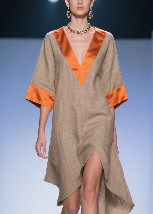 Deep V-Neck Short Sleeve Contrast Cuff High Split Kaftan Midi Dress - View 2