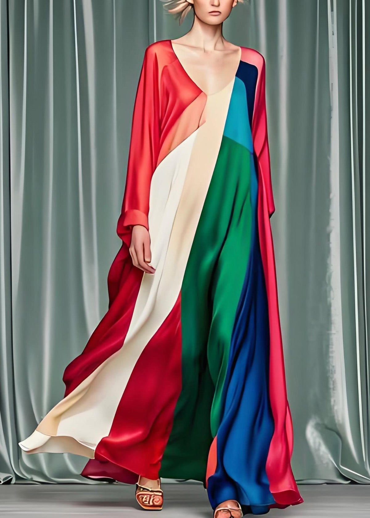 Satin Geometric Colorblock Deep V-Neck Long Sleeve Kaftan Maxi Dress - View 2