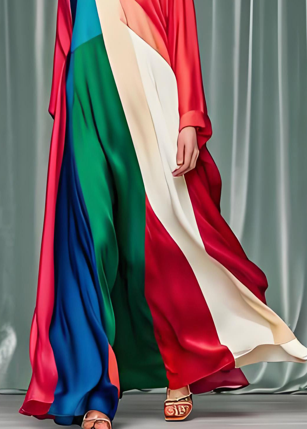 Satin Geometric Colorblock Deep V-Neck Long Sleeve Kaftan Maxi Dress - View 5