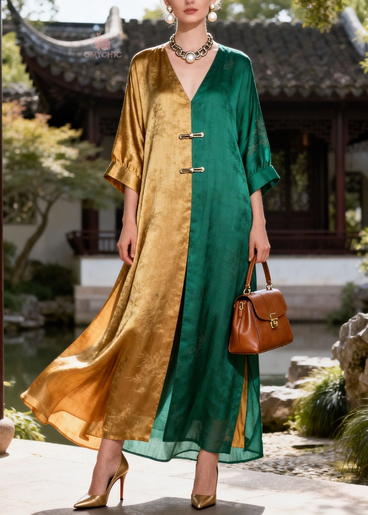 Jacquard Botanical Print Frog Toggle Wide Sleeve Maxi Gown