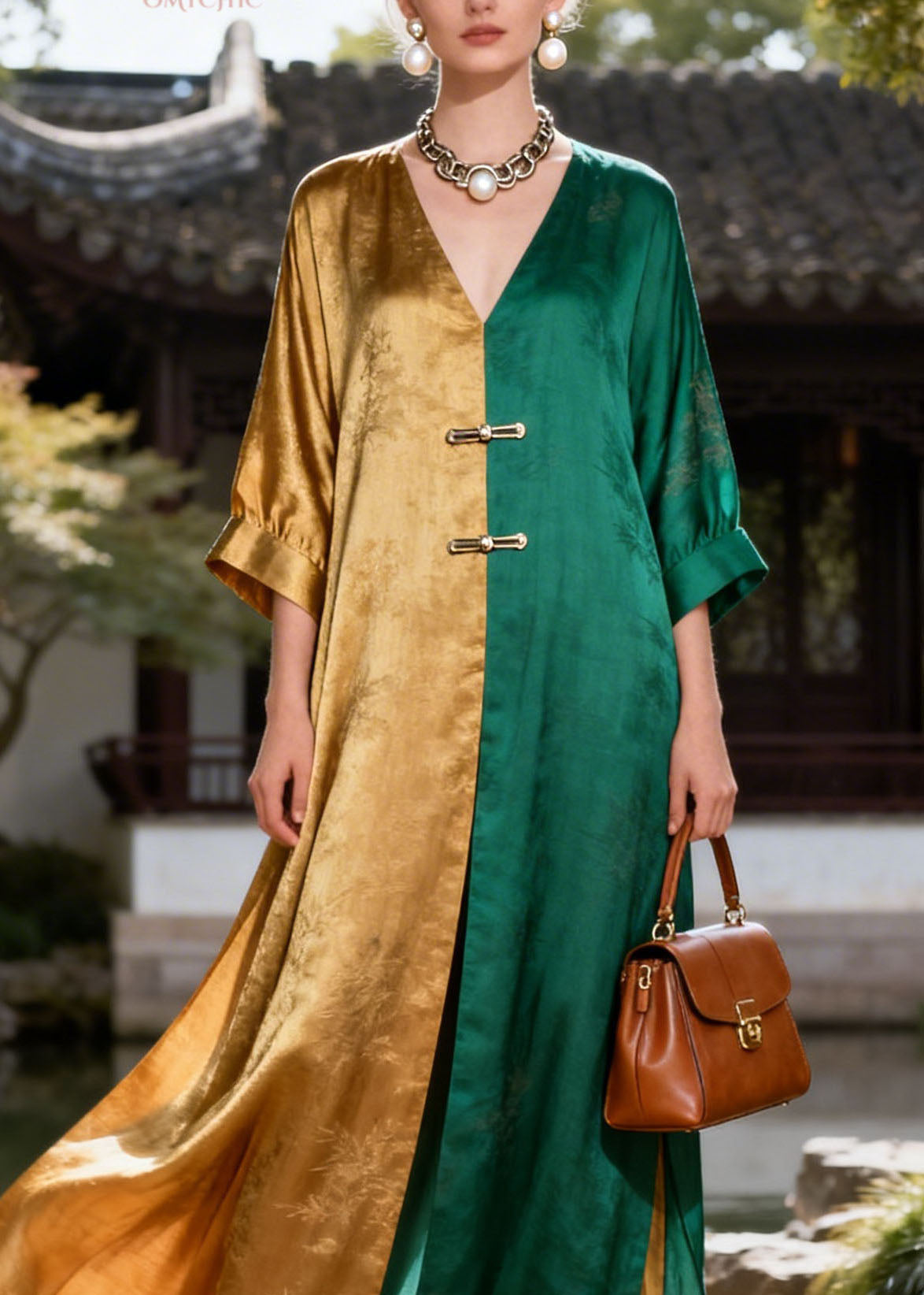 Jacquard Botanical Print Frog Toggle Wide Sleeve Maxi Gown - View 2