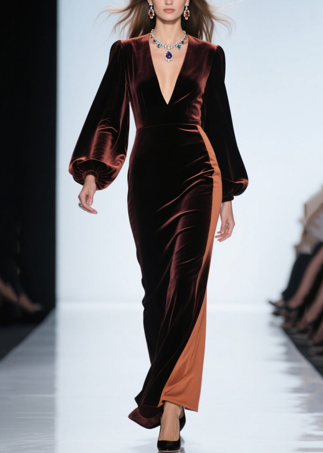 Velvet Contrast Panel Deep V-Neck Bishop Sleeve Maxi Gown - View 5