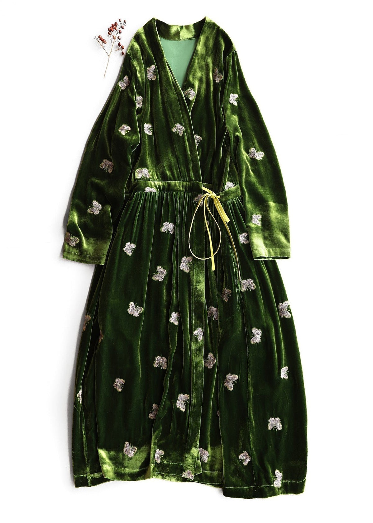 Velvet Butterfly Embroidered Wrap V-Neck Long Sleeve Maxi Dress
