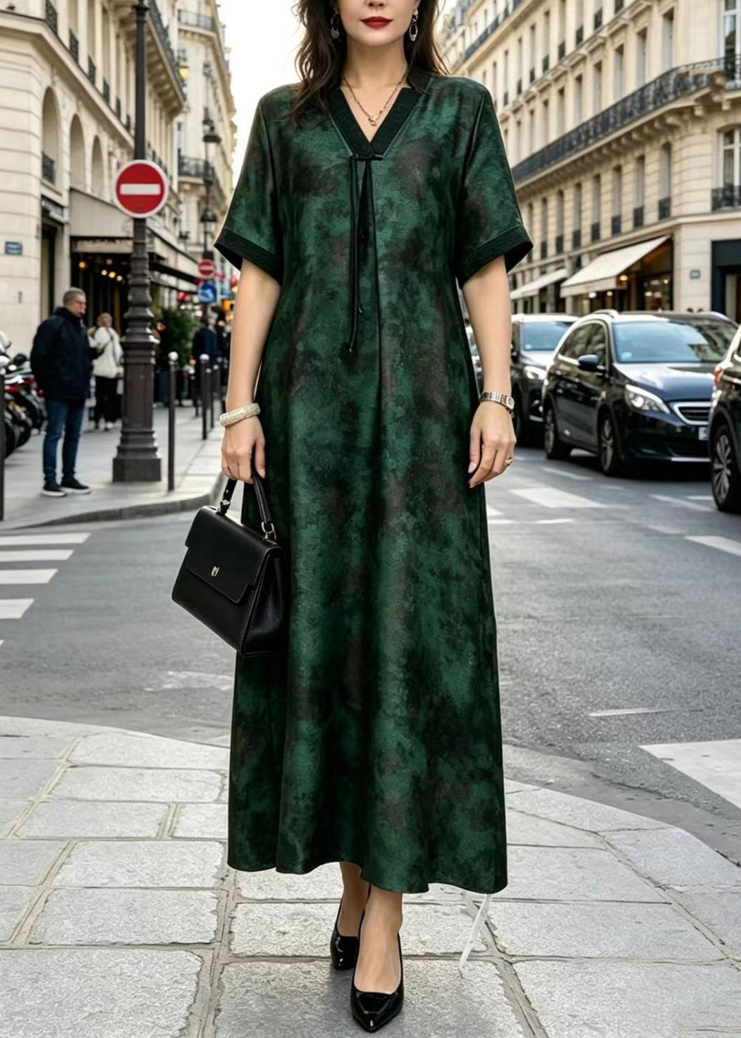 Jacquard Leaf Print Split V-Neck Stand Collar A-Line Maxi Dress - View 3